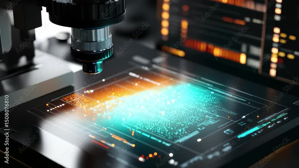 Poster digital data processing displayed on a high-tech surface against a black background, digital data pr