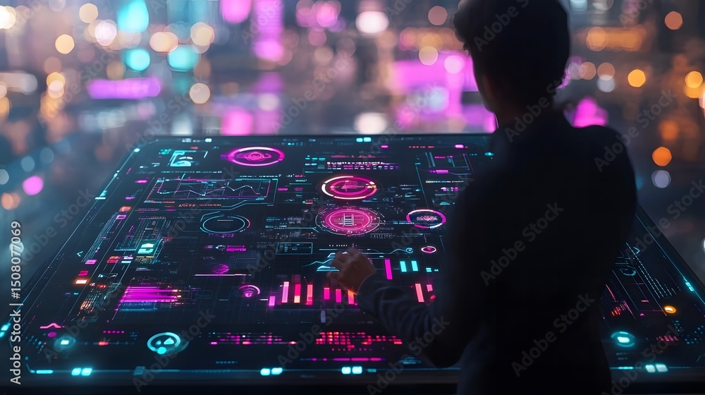 Poster a person interacts with a large futuristic interface screen displaying data graphs and charts agains
