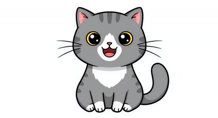 Obraz premium Cute Gray Cartoon Cat with White Fur Sitting and Smiling Isolated on White Background