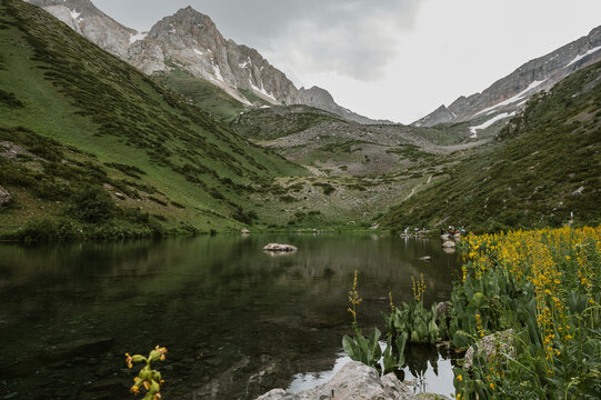 Greenery on the shore of Lake Sairam su, the purest water, the crazy landscape of the mountains in Shymkent.