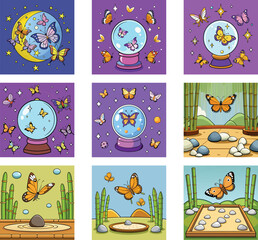 Colorful Butterfly Cartoon Illustrations With Mystic Orbs And Bamboo Gardens