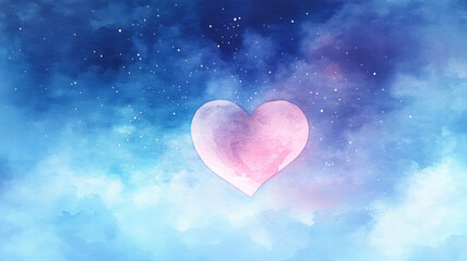 Fototapeta premium Watercolor heart with dreamy clouds and starry sky