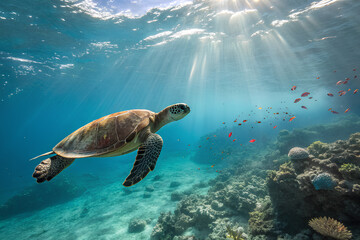 Obraz premium A sea turtle glides peacefully through crystal-clear water above a vibrant coral reef, illuminated by sunbeams piercing the ocean surface. 