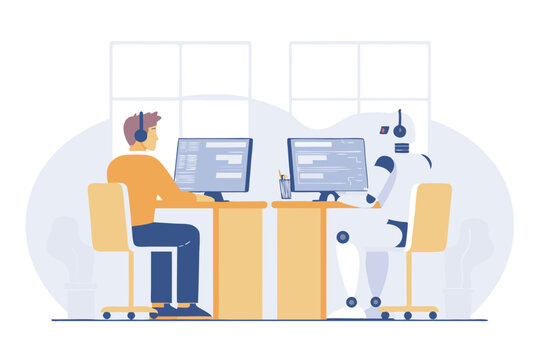 Human and robot working together at desks in a modern technology office setting