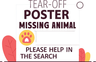 Illustrated missing animal poster with tear-off tabs encouraging public help for a lost pet