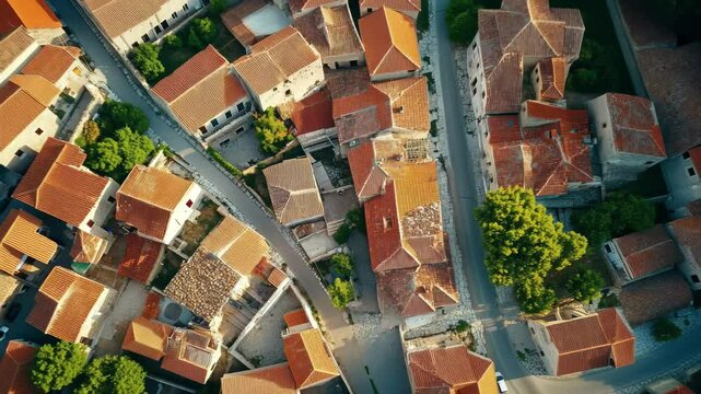 Aerial view of Epidauros village in Greece showcasing its traditional architecture and winding streets, Aerial view of the village Epidauros in Greece on a sunny day
