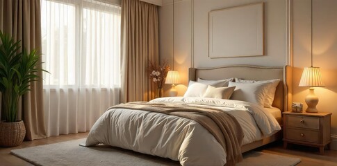 Serene bedroom with plush bedding, soft lighting, and elegant decor  Perfect for a relaxing and comfortable atmosphere  Ideal for mothers seeking a peaceful sanctuary ,  night, bedroom,  restful