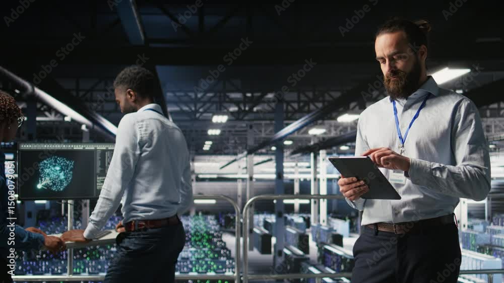 Poster server room technician next to coworkers reviewing neural network code and llm visualization dashboa