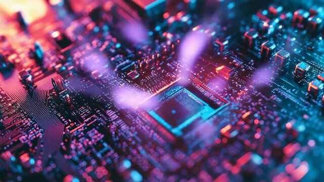 A computer chip with a purple glow surrounding it. The chip is surrounded by a purple glow, which gives the impression of a futuristic, high-tech device