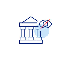 Vector icon of bank building with crossed-out eye, symbolizing hidden account, private banking, or invisible financial data. Ideal for fintech apps, security settings, and UI design