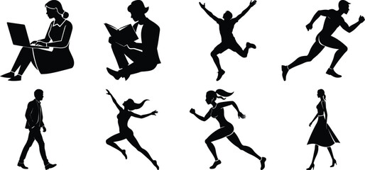 Young people and teenagers performing different activities silhouette set, dancing, singing, walking, reading, playing, running. Vector isolated on transparent background.