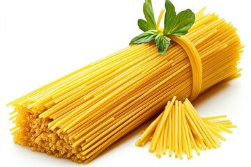 Uncooked pasta strands arranged on a white background.