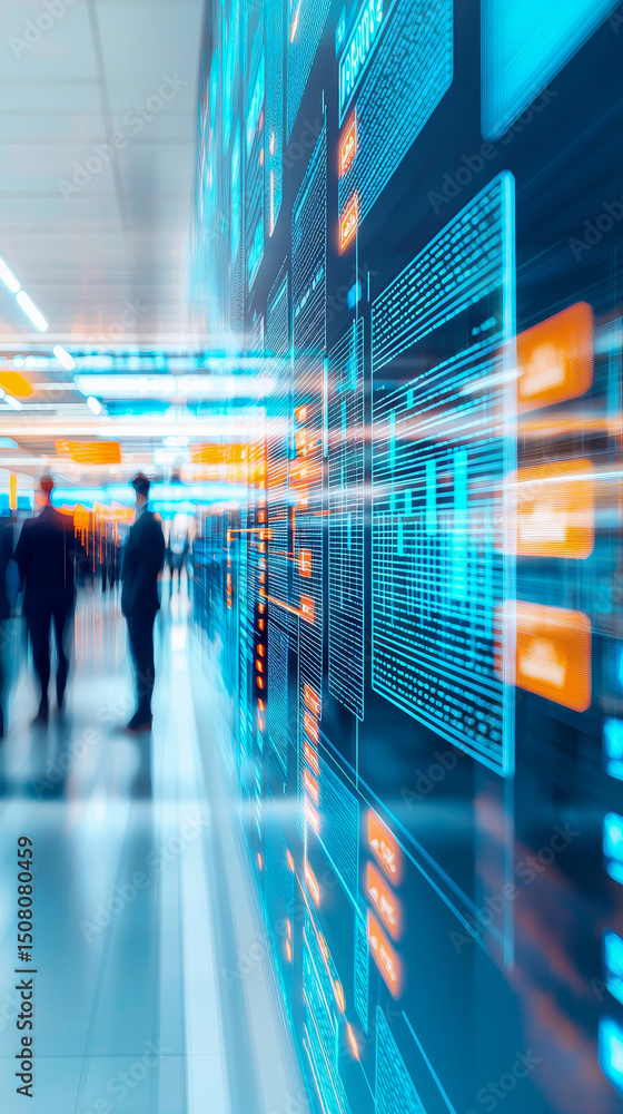 Poster futuristic data visualization in a busy corridor with silhouettes. sales pipeline management concept