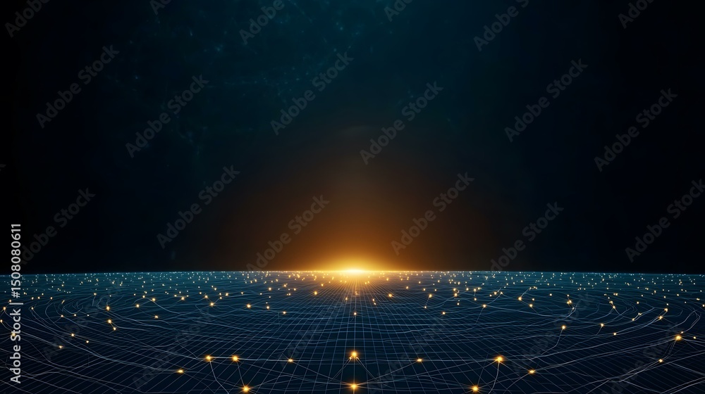 Poster a dark, abstract digital landscape with a grid-like network of glowing lines and points of light ema