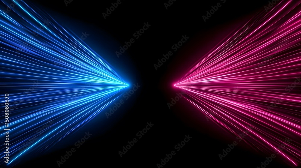 Poster the image contains two sets of parallel neon lines, one blue and one pink, radiating outwards from a