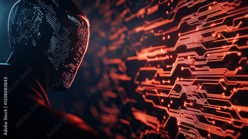 Poster futuristic figure with digital circuitry backdrop in a sci-fi theme.