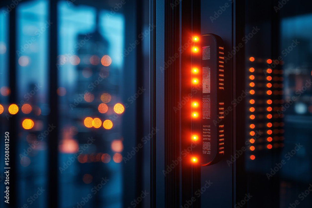 Poster modern server with illuminated indicators and city backdrop at dusk.