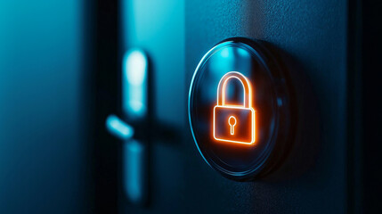 Modern lock icon glowing on a dark door, symbolizing security.