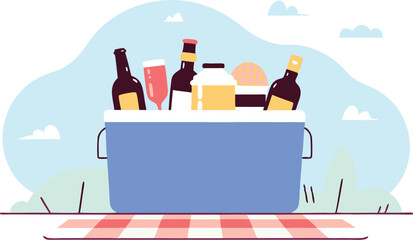 Picnic scene with cooler bottles and food on a red and white checkered blanket
