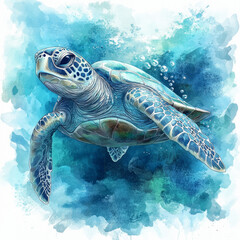 Obraz premium Watercolor sea turtle illustration with vibrant blue tones.