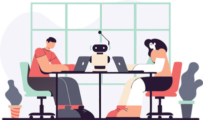 Team working together with an ai robot in a modern office environment concept