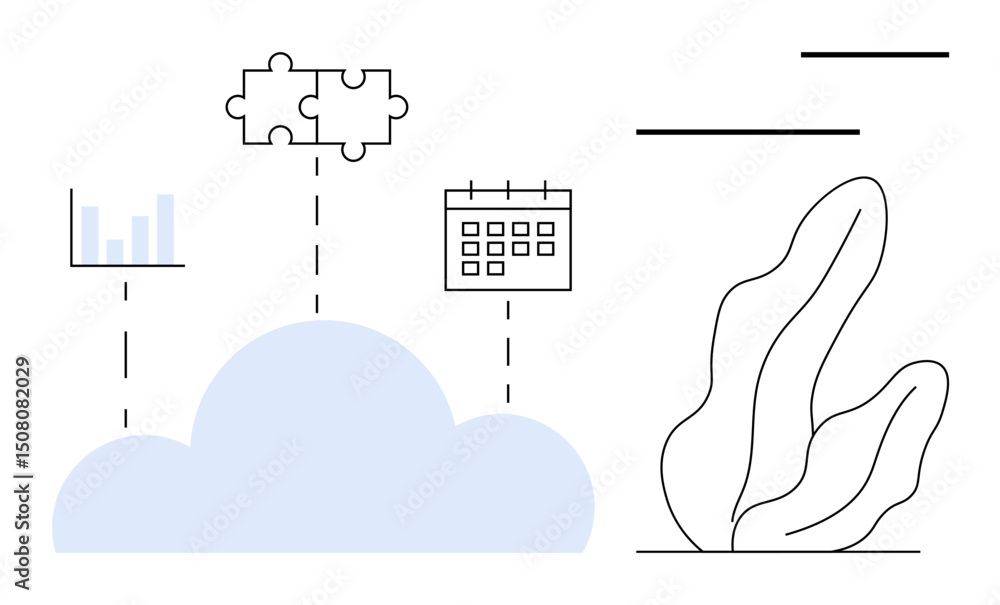 Aufkleber cloud connecting analytics, puzzle integration, and calendar icon. minimalist design with abstract l