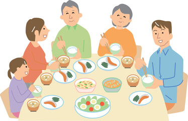 ５人の家族と和食の食事の風景のベクターイラスト