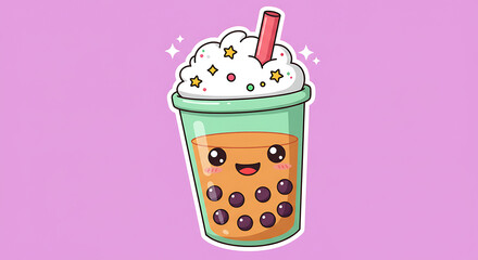 Adorable Cartoon Boba Tea with Whipped Cream and Sprinkles Illustration