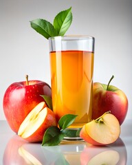 Fresh apple juice in a clear glass with whole and sliced red apples on a glossy surface with leaves