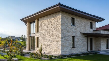 Fototapeta premium A beautiful two-story modern home showcasing stone exterior and lush green lawn in a sunny environment.