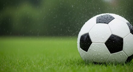 Close-up of a soccer ball with water droplets on a grassy pitch in the rain.
