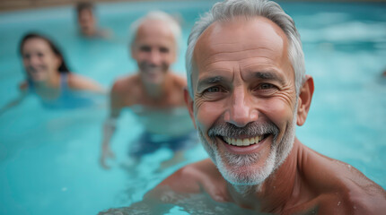 Fototapeta premium lose-up portrait of smiling senior man in swimming pool with group. Elderly male attends aqua aerobics fitness classes. Water sport activity, healthy lifestyle, group aquatherapy