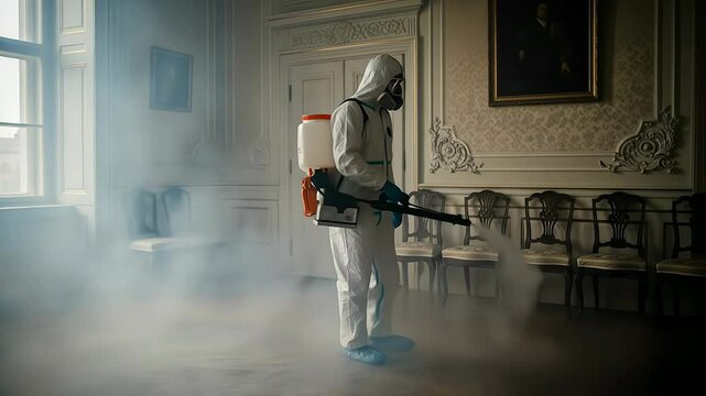 Disinfection service professional in hazmat suit fogs a large room with disinfectant