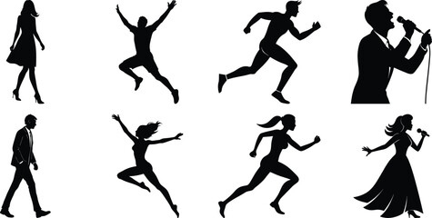 Young people and teenagers performing different activities silhouette set, dancing, singing, walking, reading, playing, running. Vector isolated on transparent background.