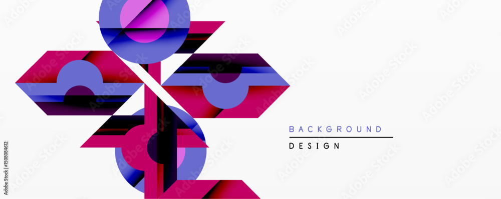 Poster Abstract geometric composition. Overlapping shapes create dynamic visual effect. Vivid magenta, purple hues dominate white space. Modern design element.