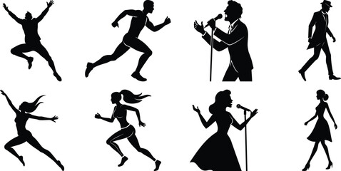 Young people and teenagers performing different activities silhouette set, dancing, singing, walking, reading, playing, running. Vector isolated on transparent background.