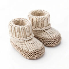 Knitted baby booties in neutral tones