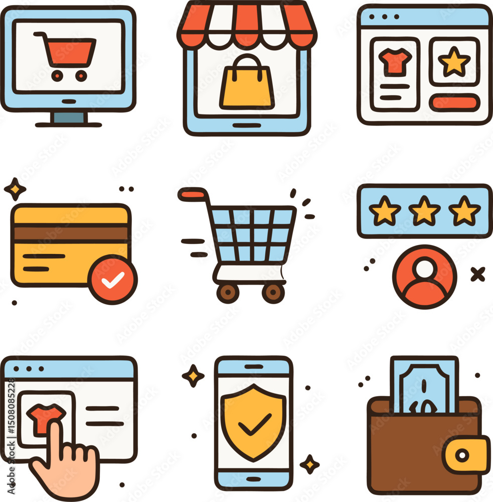 Poster online shopping icons show computers stores and payment methods in a grid