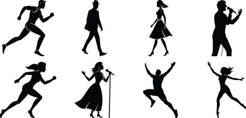 Young people and teenagers performing different activities silhouette set, dancing, singing, walking, reading, playing, running. Vector isolated on transparent background.