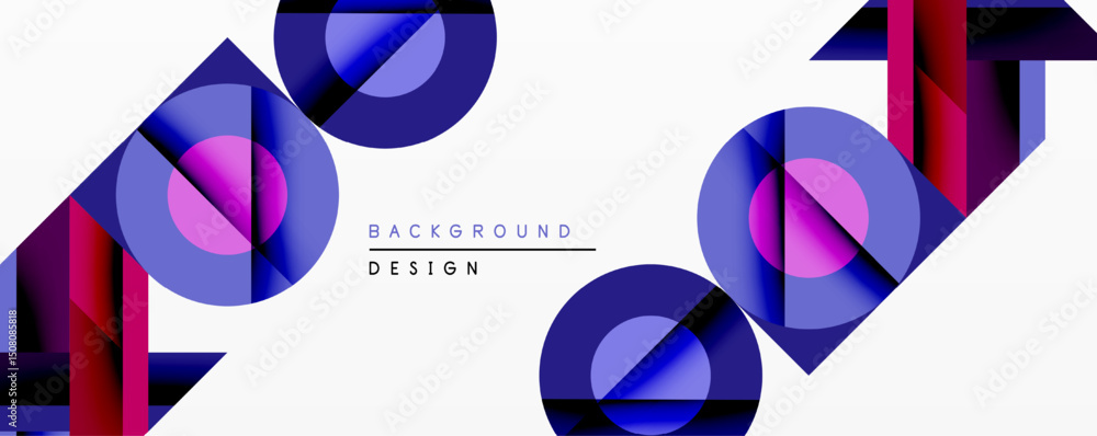 Poster Abstract geometric composition. Overlapping circles, squares create dynamic visual effect. Purple, blue hues dominate design. Modern, minimalist aesthetic.