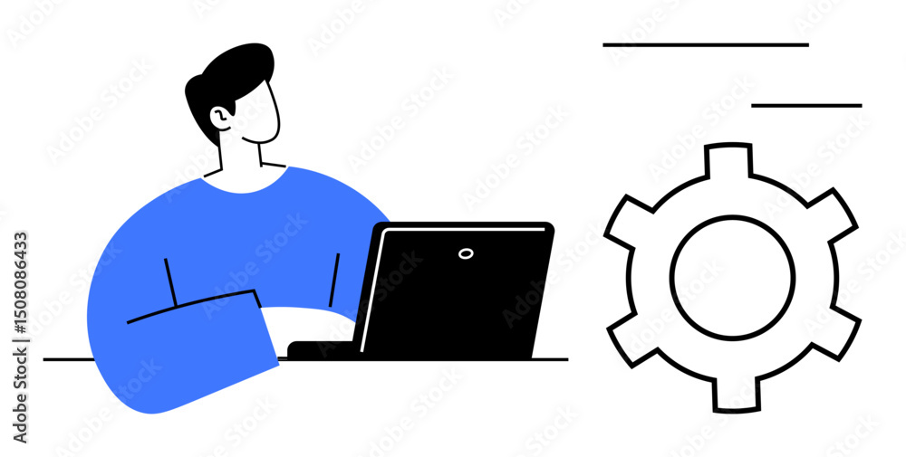 Poster man seated at desk using a laptop with a large gear indicating configuration, system management, or 