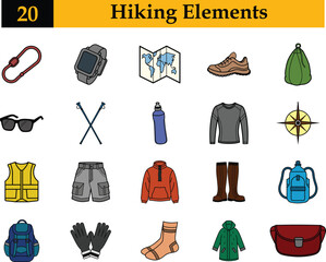 Set of 20 hiking clipart on transparent background
