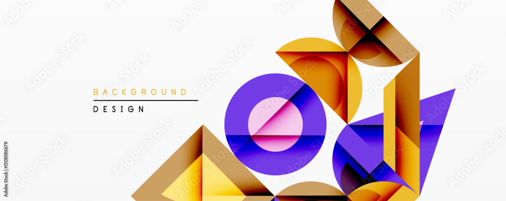 Poster Abstract geometric composition. Overlapping shapes create dynamic visual effect. Bright colorspurple, yellow, golddominate design. Modern aesthetic, clean lines, minimalist style.