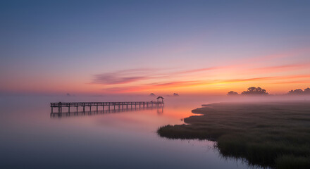 Obraz premium Serene Sunrise over Misty Lake with Wooden Pier and Gazebo