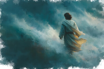 Digital artistic painting of Jesus walks on water across the sea as in bible