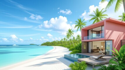 Obraz premium Serene Beachfront Villa with Modern Design Surrounded by Palm Trees