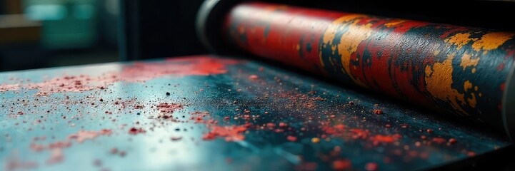 Close-up of a printing press roller saturated with thick, black typographic ink, ready for the next impression The texture and detail of the ink are clearly visible , abstract, roller, ink roller