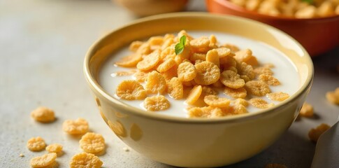 A vibrant bowl of sunflower seed cereal, milk swirling around the golden flakes, ready to be enjoyed for a healthy and delicious breakfast , bowl, wholegrain
