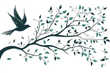 A bird in flight, surrounded by leaves on a branch.