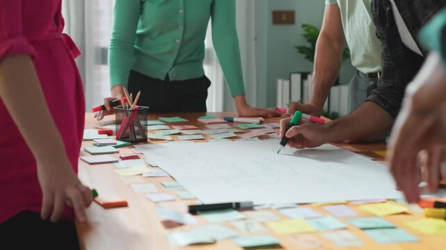Close up of developer team using mind map to brainstorm idea. Top view of skilled group of business people working together writing marketing strategy by using markers and sticky notes. Symposium.